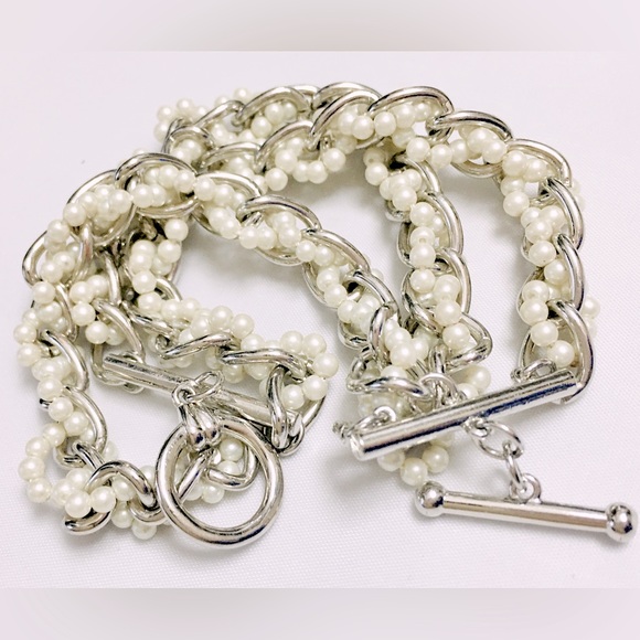 Silver Tone Faux Pearl Braided Bracelet - Picture 5 of 6